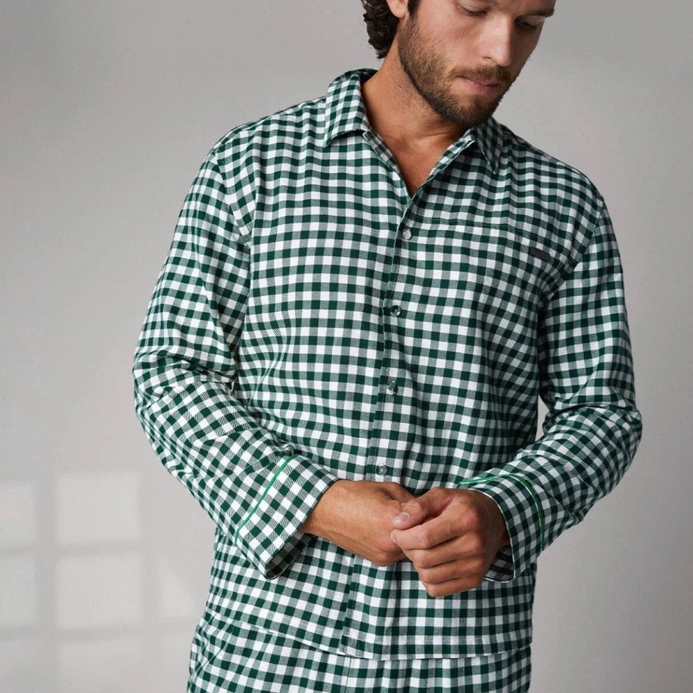 Lunya Lahgo‎ Brushed Flannel Long Sleeve PJ Top In Verdant Check Green Men's L